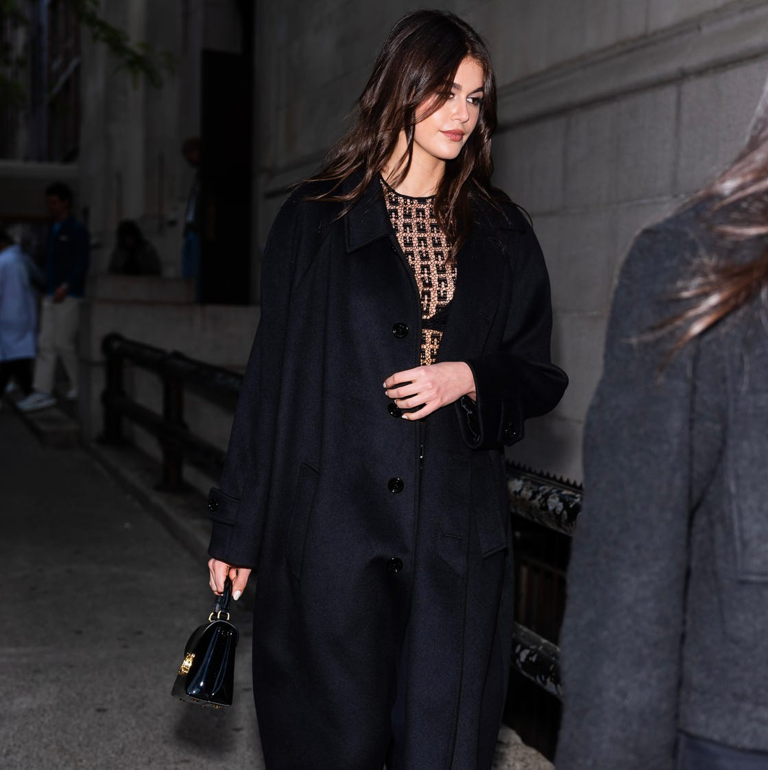 Textured Gold Knit Top Under Black Oversized Coat — Simple Sheer Top Outfit