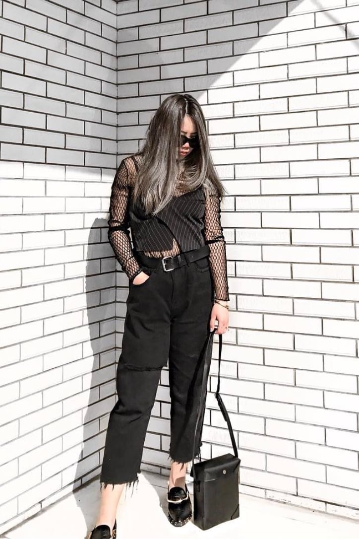 Black Fishnet Long-Sleeve Top with Pinstripe Vest — Simple Sheer Top Outfit