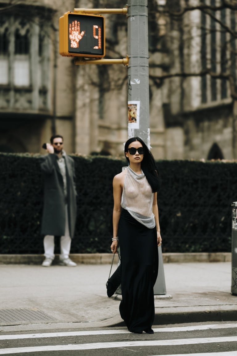 Fitted Sheer Metallic Silver Mesh Top with Maxi Skirt — Simple Sheer Top Outfit