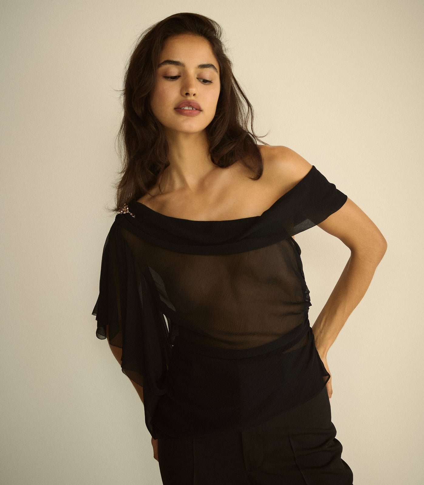 Black Sheer Off-Shoulder Top with Ruffled Details — Simple Sheer Top Outfit