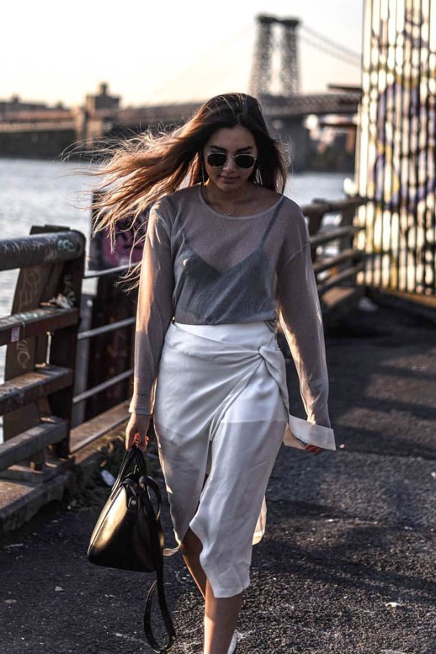 Grey Sheer Knit Top with White Draped Skirt — Simple Sheer Top Outfit