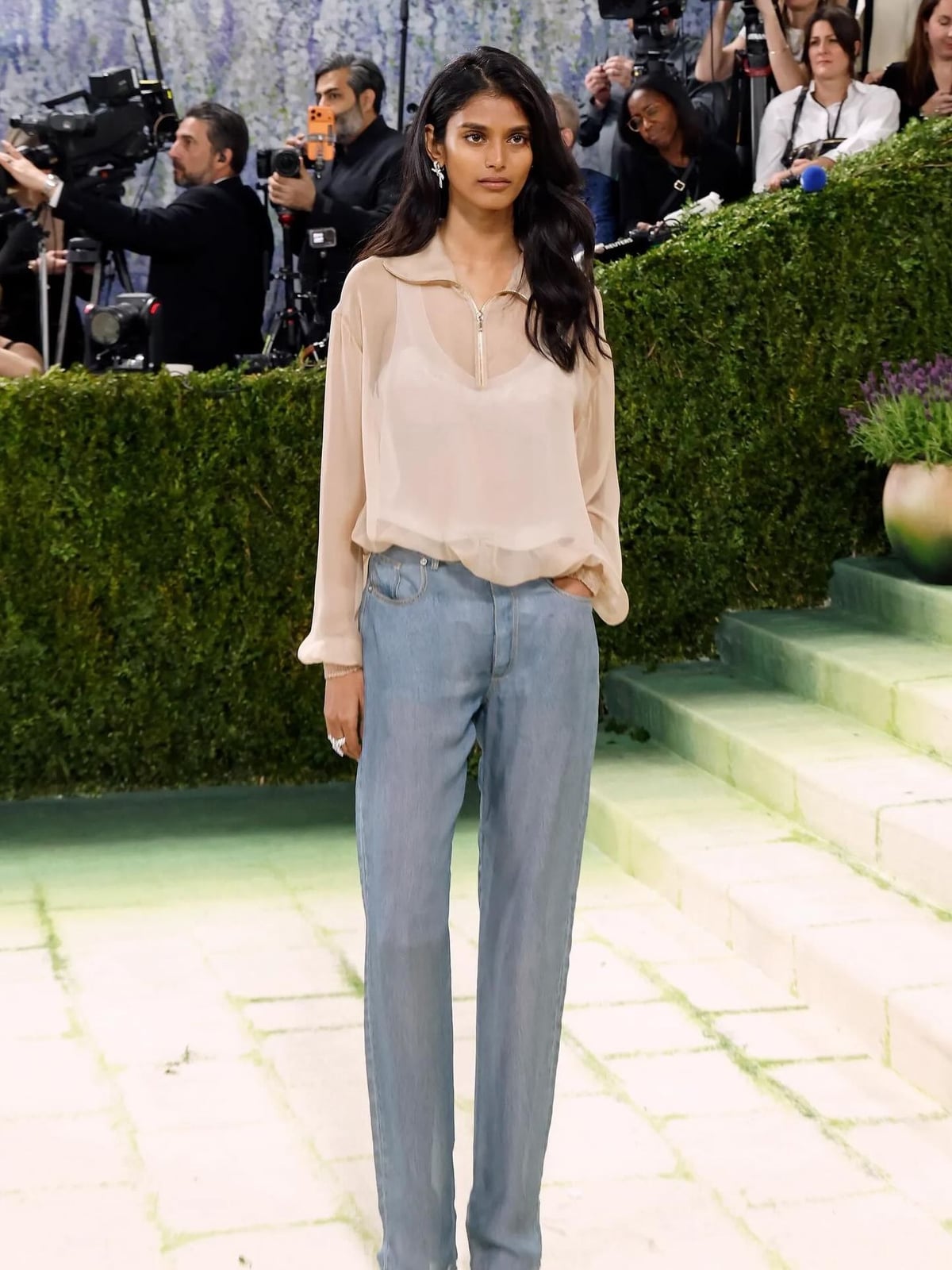 Beige Sheer Collared Blouse with Light Blue Jeans — Simple Sheer Top Outfit