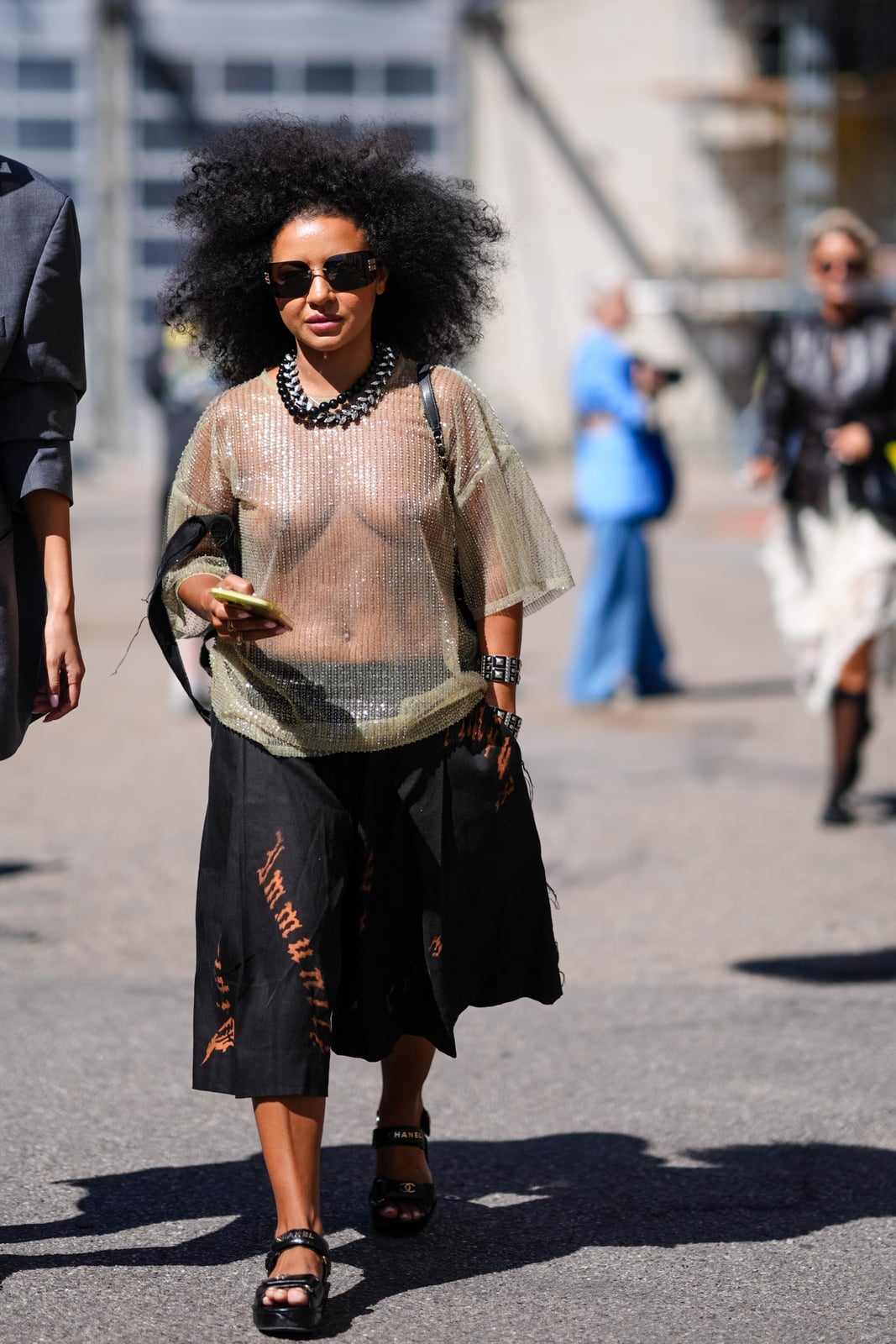 Gold Sequined Sheer Top with Printed Midi Skirt — Simple Sheer Top Outfit