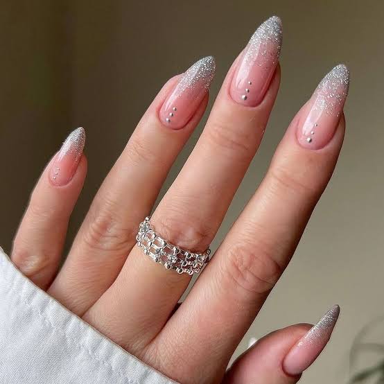 Pink Nude Silver Glitter Tip Medium Almond Nails Pink Nude Silver Glitter Tip Medium Almond Nails — Simple Shimmer Nails