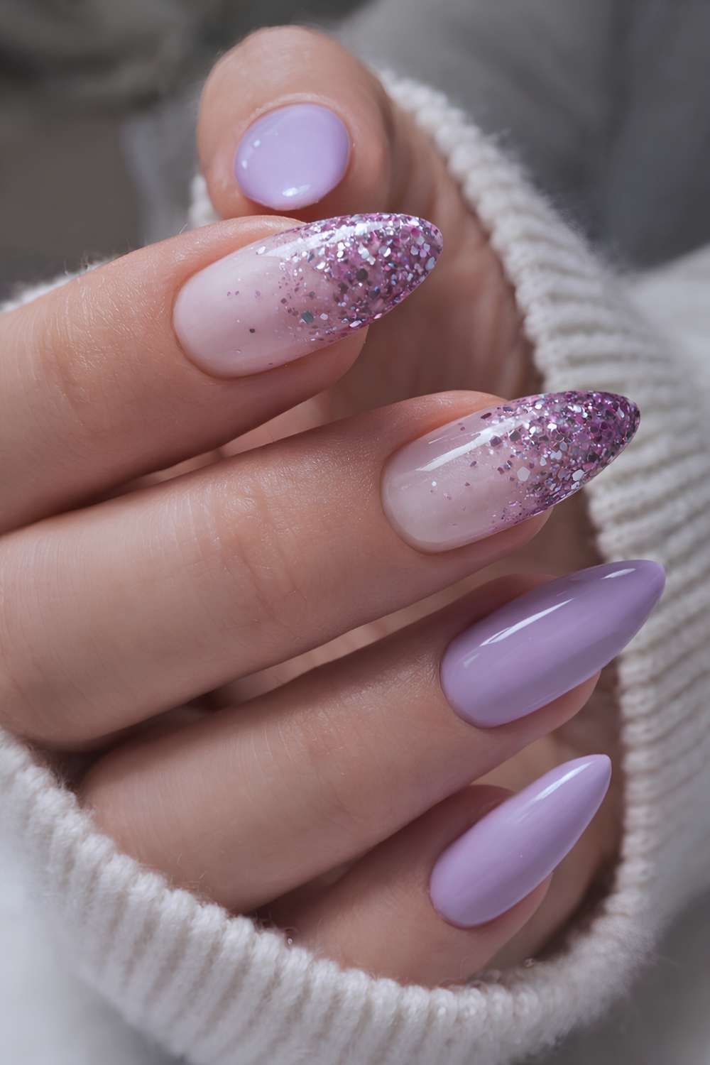 Lilac And Pink Glitter Gradient Medium Almond Nails Lilac And Pink Glitter Gradient Medium Almond Nails — Simple Shimmer Nails