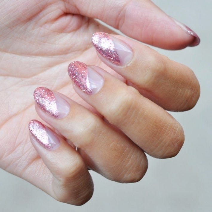 Sheer Pink Rose Gold Half Glitter Medium Almond Nails Sheer Pink Rose Gold Half Glitter Medium Almond Nails — Simple Shimmer Nails