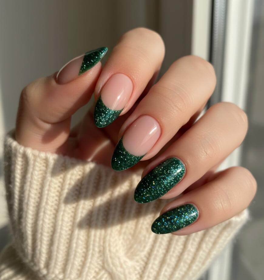 Deep Green Glitter French Medium Almond Nails Deep Green Glitter French Medium Almond Nails — Simple Shimmer Nails