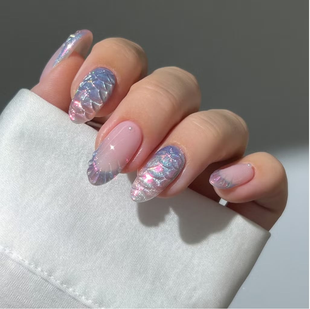 Holographic Blue Pink Scale French Medium Almond Nails Holographic Blue Pink Scale French Medium Almond Nails — Simple Shimmer Nails