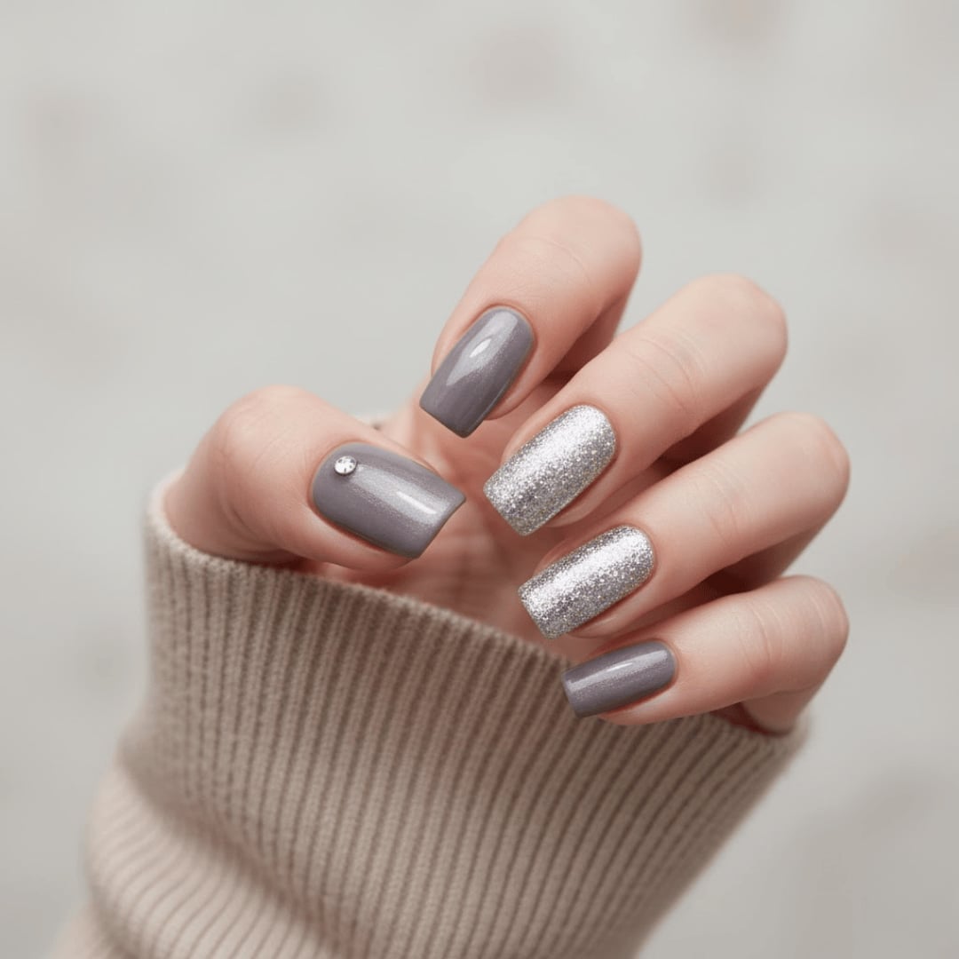 Medium Grey Silver Glitter Accent Medium Square Nails Medium Grey Silver Glitter Accent Medium Square Nails — Simple Shimmer Nails