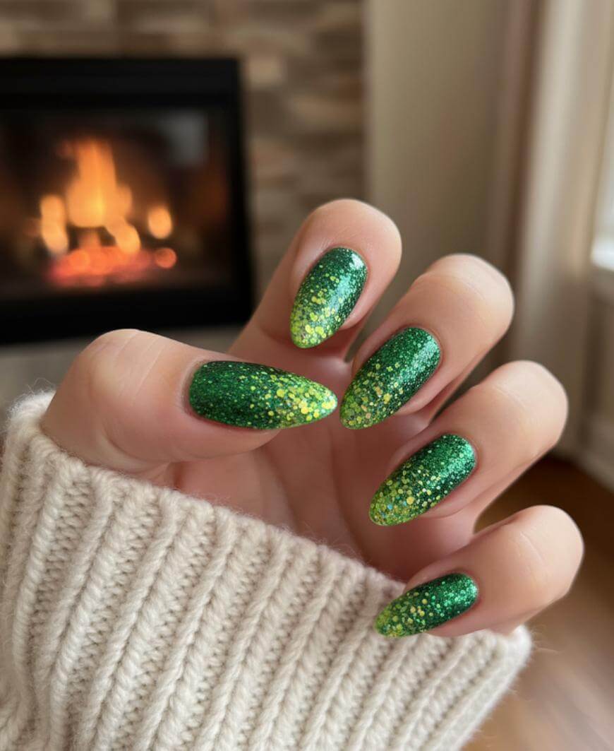 Deep Green Gold Metallic Cuticle Accent Medium Almond Nails Deep Green Gold Metallic Cuticle Accent Medium Almond Nails — Simple Shimmer Nails