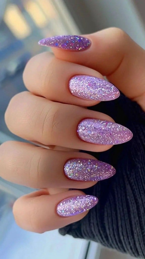 Full Light Purple Glitter Medium Almond Nails Full Light Purple Glitter Medium Almond Nails — Simple Shimmer Nails