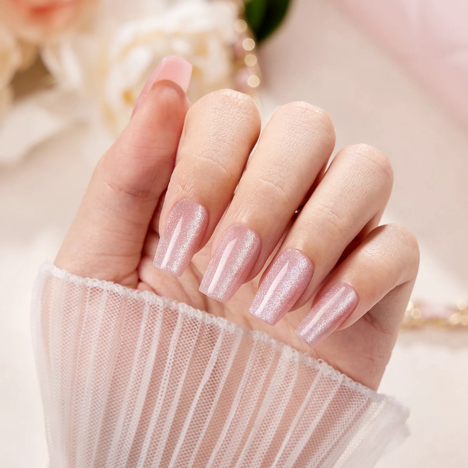 Pale Pink Subtle Shimmer Medium Square Nails Pale Pink Subtle Shimmer Medium Square Nails — Simple Shimmer Nails
