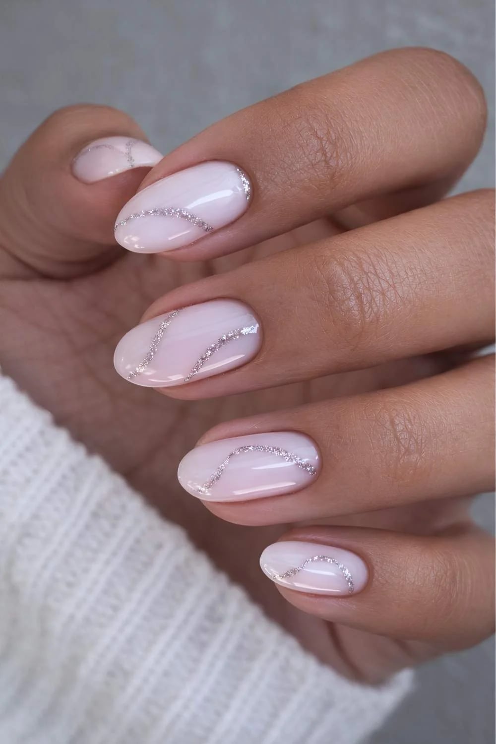 Pale Pink Silver Glitter Lines Medium Oval Nails Pale Pink Silver Glitter Lines Medium Oval Nails — Simple Shimmer Nails