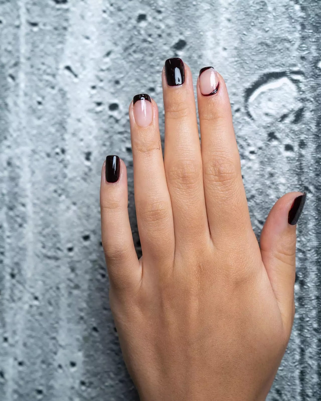 Glossy Black French Tips On Sheer Nude With Short Square Glossy Black French Tips On Sheer Nude With Short Square — Simple Short Black Nails