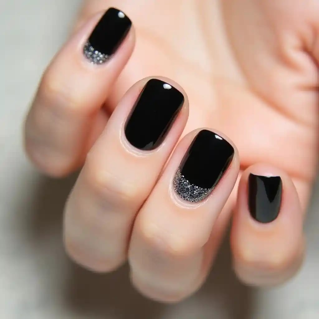 Glossy Black With Glitter French Tips Glossy Black With Glitter French Tips — Simple Short Black Nails