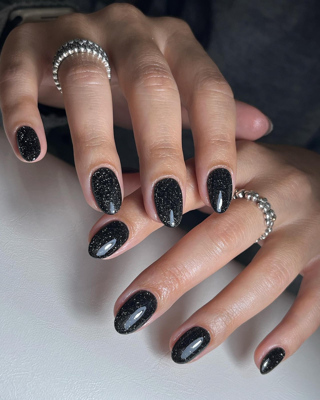 Glossy Black With Full Silver Glitter Coverage Glossy Black With Full Silver Glitter Coverage — Simple Short Black Nails