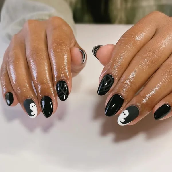 Glossy Black With Matte Geometric Lines And Ghosts Glossy Black With Matte Geometric Lines And Ghosts — Simple Short Black Nails