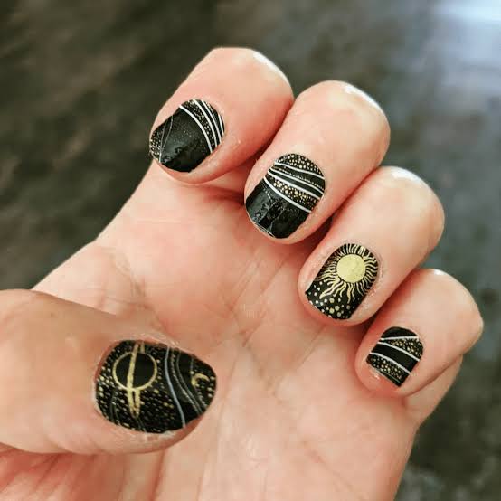 Matte Black With Gold Celestial Foil Accents Matte Black With Gold Celestial Foil Accents — Simple Short Black Nails