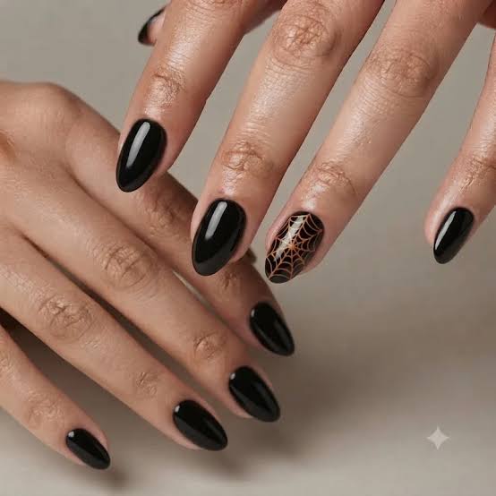 Glossy Black With Bronze Spiderweb On Almond Glossy Black With Bronze Spiderweb On Almond — Simple Short Black Nails