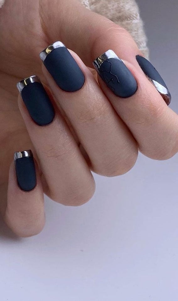 Matte Black With Metallic Silver French Tips Matte Black With Metallic Silver French Tips — Simple Short Black Nails