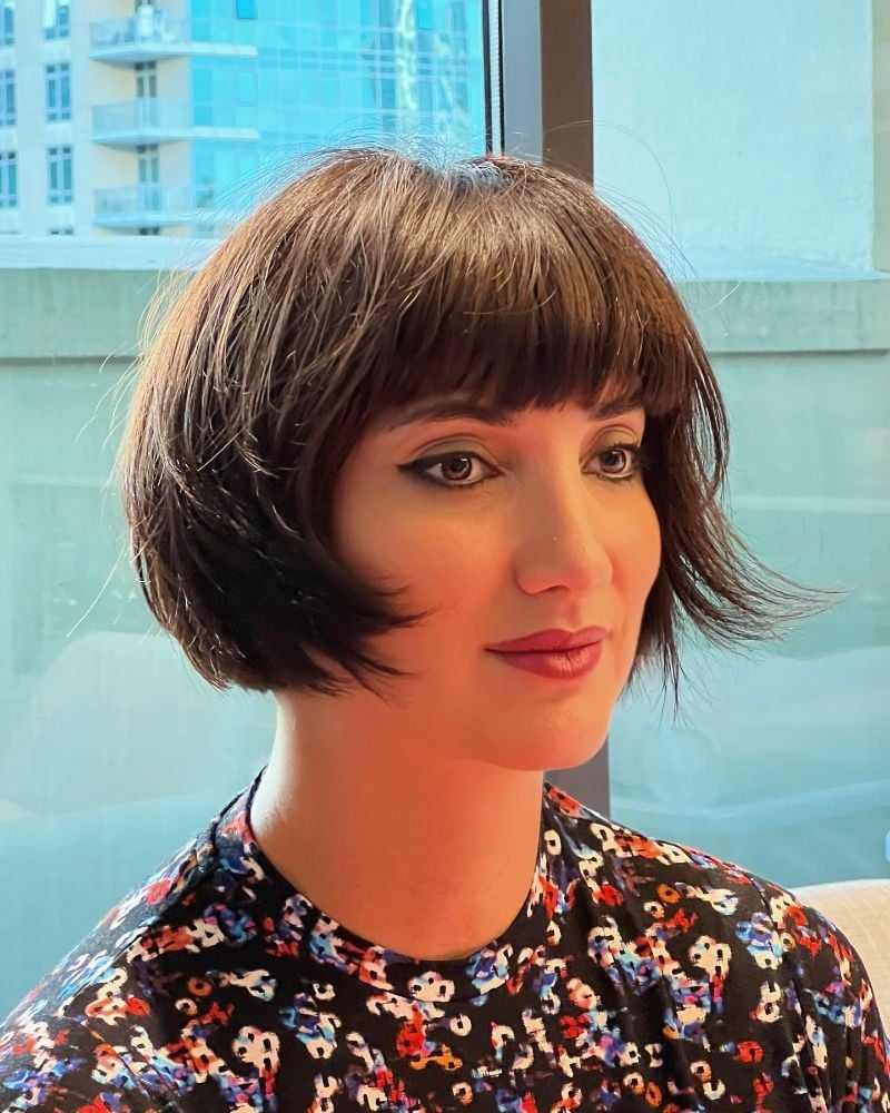 Chin Length Bob Dark Brown Blunt Bangs — Simple Short Bob Hairstyles
