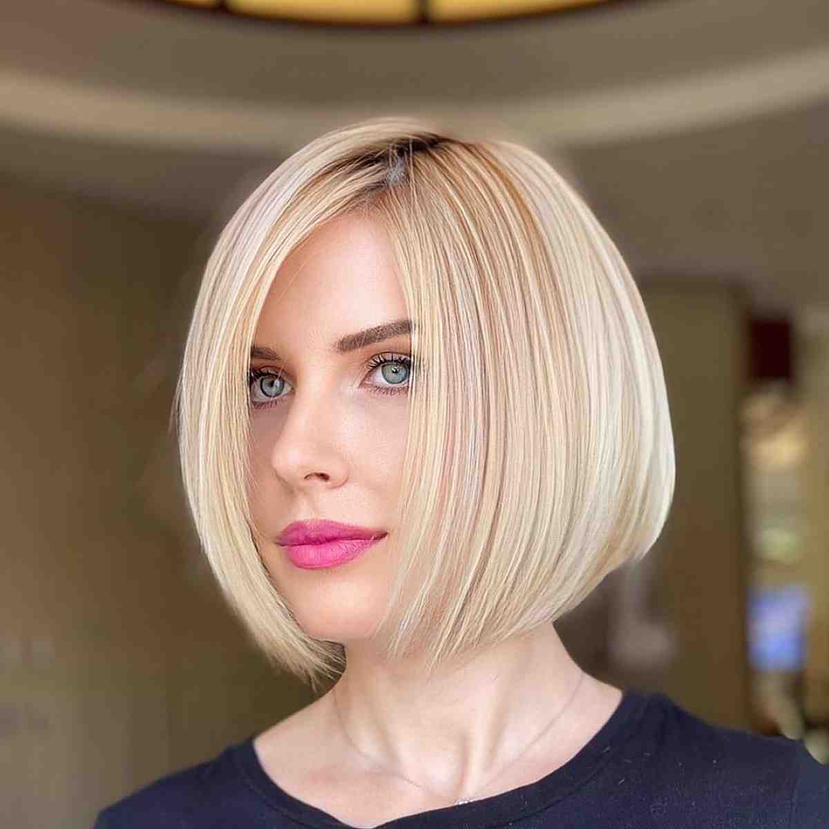 Chin Length Platinum Bob Side Swept Bangs — Simple Short Bob Hairstyles