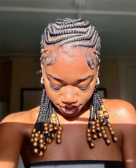 Short Black Cornrow Braids With Golden Beads — Simple Short Braids
