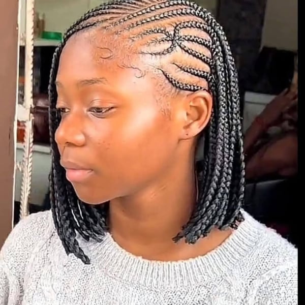 Black Chin Length Bob Side-Swept Braids, Close-Up Take — Simple Short Braids