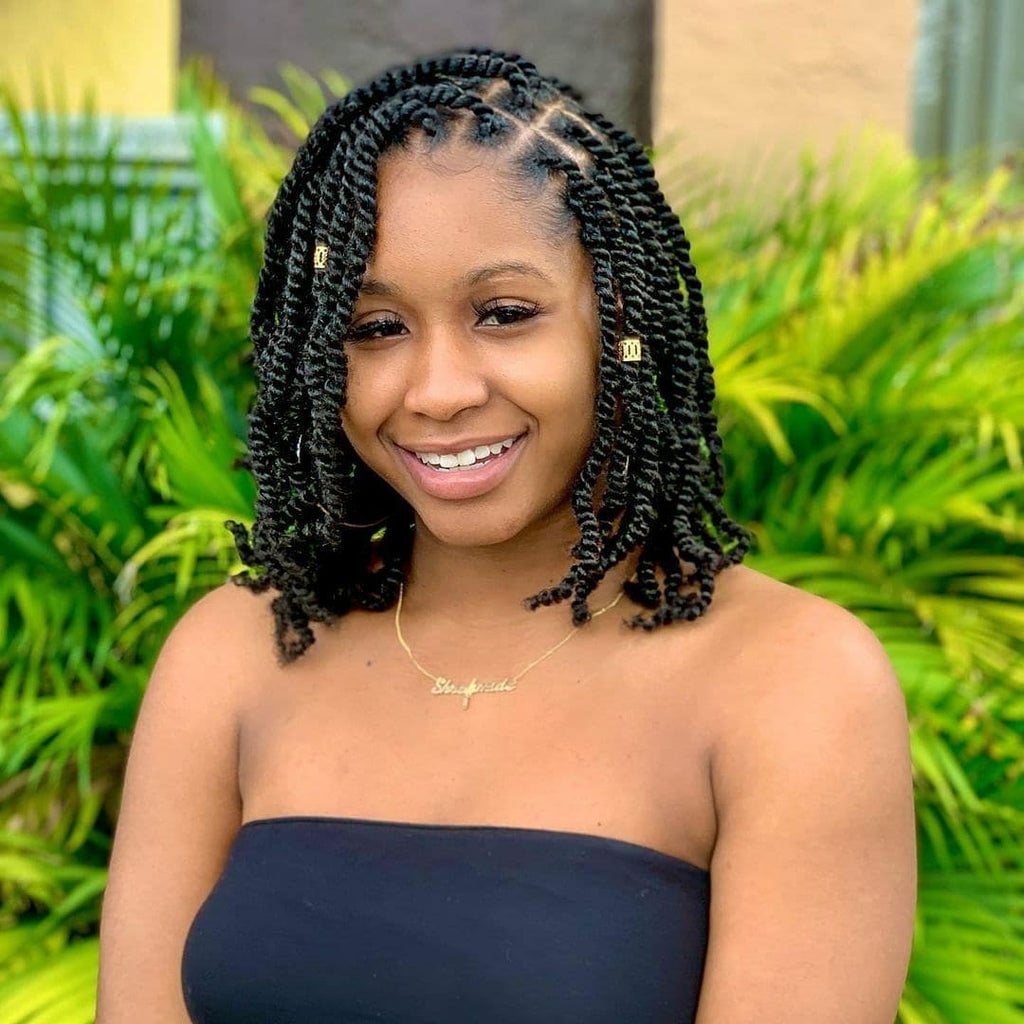 Black Chin Length Bob With Micro Braids and Bangs — Simple Short Braids