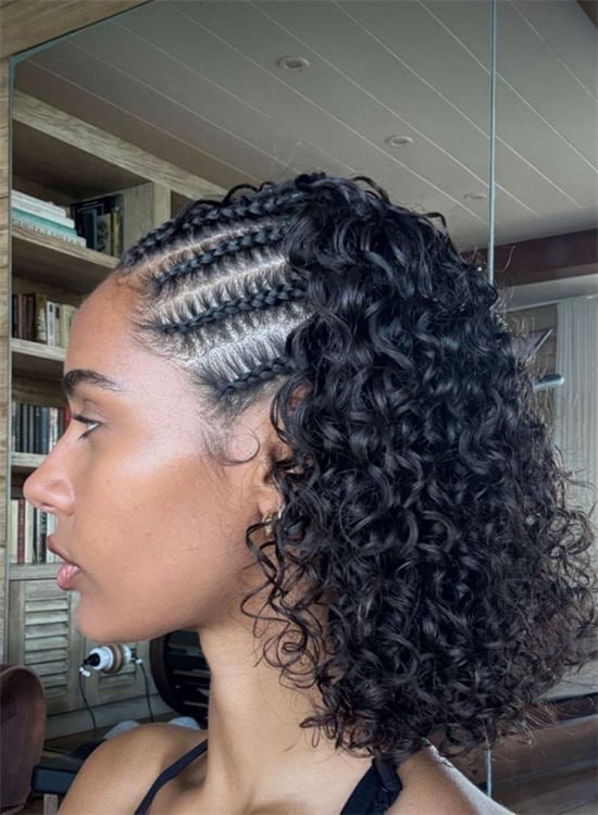 Black Collarbone Bob Cornrows With Natural Curls Contrast — Simple Short Braids