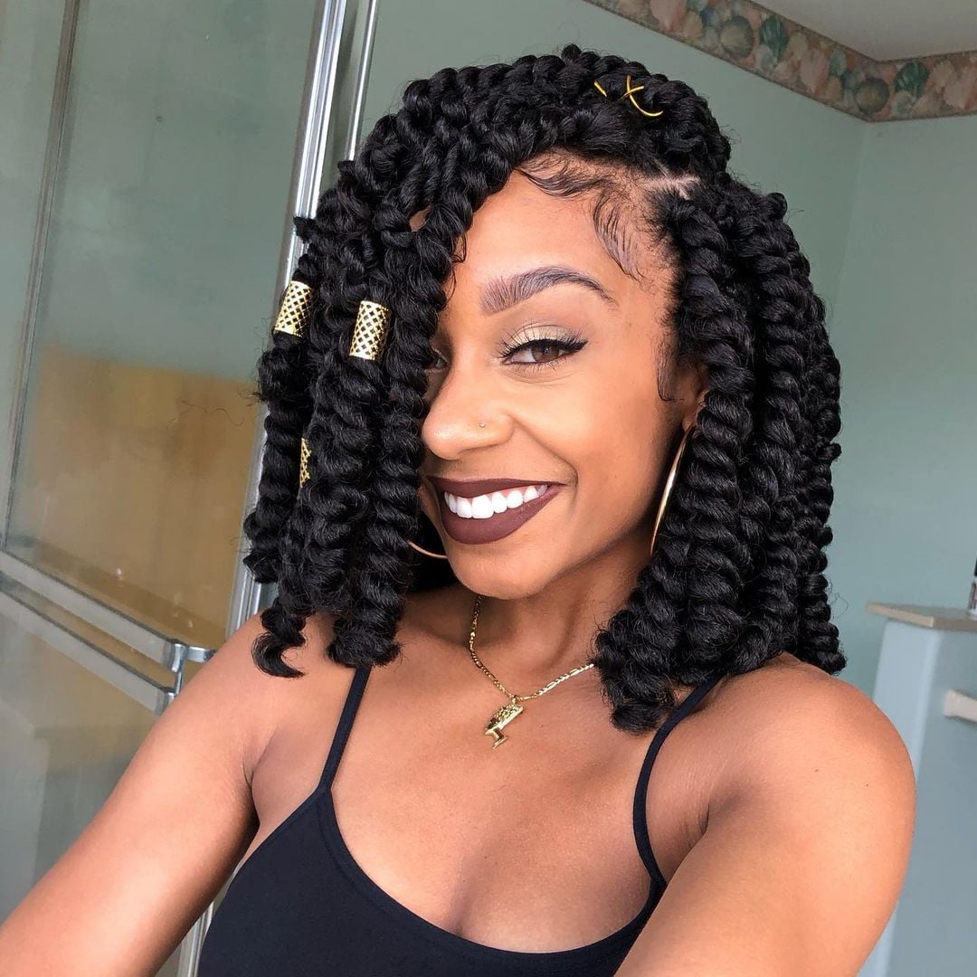 Black Bob With Large Twisted Braids and Gold Cuffs — Simple Short Braids