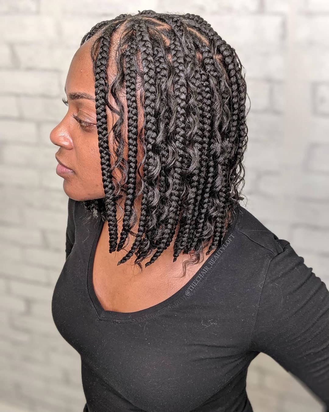 Collarbone Black Box Braids With Curly Ends — Simple Short Braids