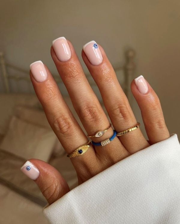Evil Eye French Tip Short Square Nails Evil Eye French Tip Short Square Nails — Simple Short Classy Nails