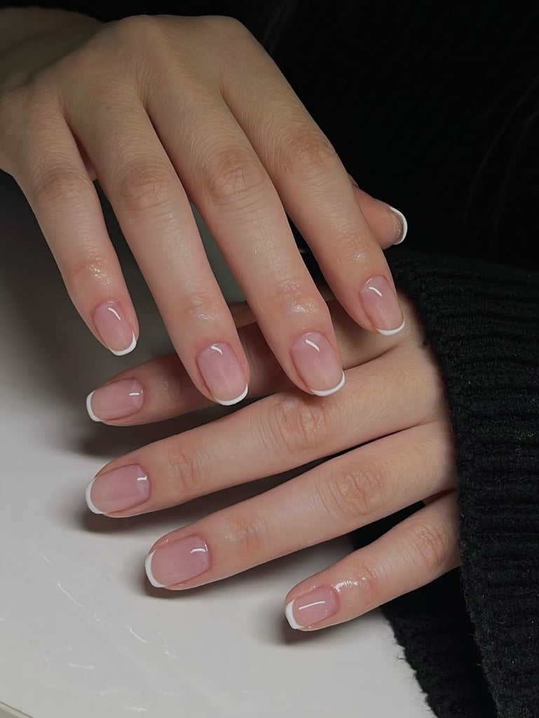 Natural Pink Thin White Tip Squoval Nails Natural Pink Thin White Tip Squoval Nails — Simple Short Classy Nails