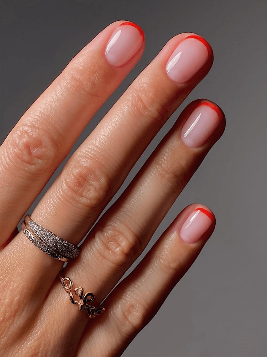 Sheer Pink Bright Red Line Short Almond Nails Sheer Pink Bright Red Line Short Almond Nails — Simple Short Classy Nails