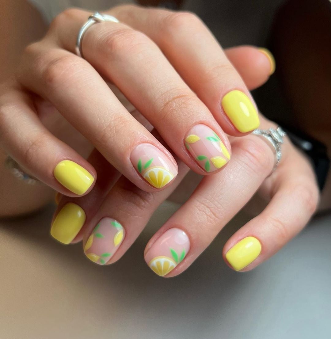 Yellow Lemon Print Short Square Nails Yellow Lemon Print Short Square Nails — Simple Short Classy Nails