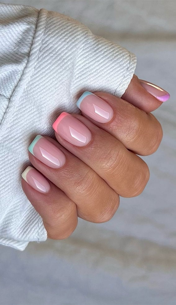 Short Square Nails With Pastel French Tips Short Square Nails With Pastel French Tips — Simple Short French Tip Nails