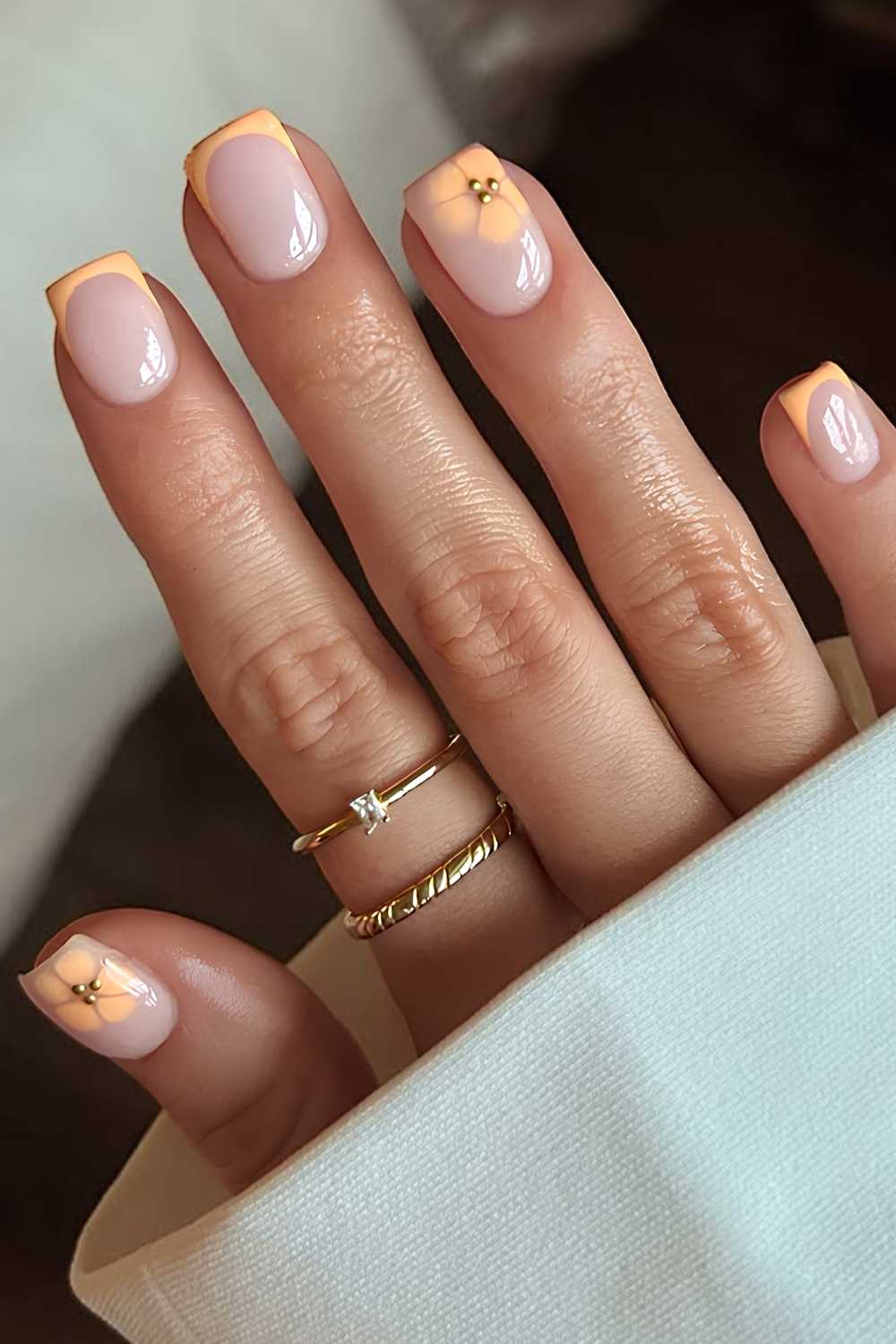Short Square Nails With Peach French Tips And Floral Accent Short Square Nails With Peach French Tips And Floral Accent — Simple Short French Tip Nails