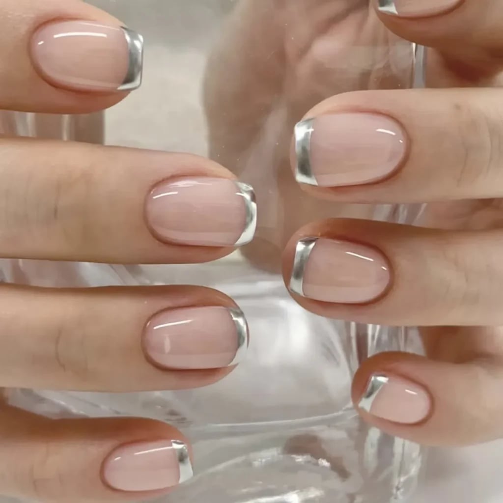 Short Square Nails With Metallic Silver French Tips Short Square Nails With Metallic Silver French Tips — Simple Short French Tip Nails