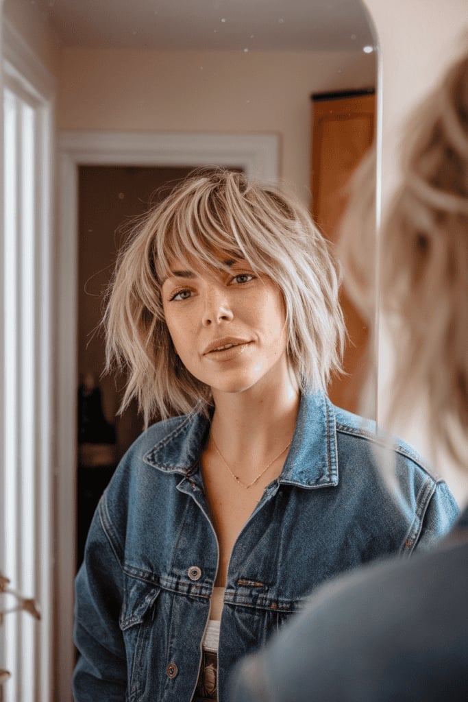 Collarbone Shag With Choppy Bangs Collarbone Shag With Choppy Bangs — Simple Short Shag