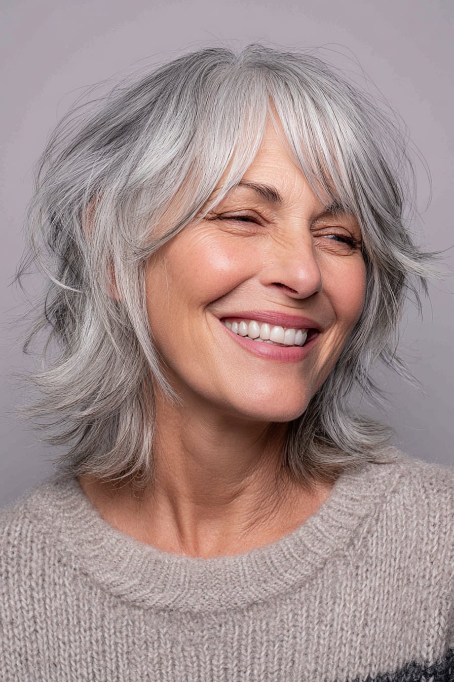 Grey Collarbone Shag With Side Bangs Grey Collarbone Shag With Side Bangs — Simple Short Shag