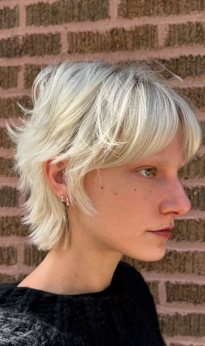 Icy Blonde Shag With Curtain Bangs, Ear Icy Blonde Shag With Curtain Bangs, Ear — Simple Short Shag