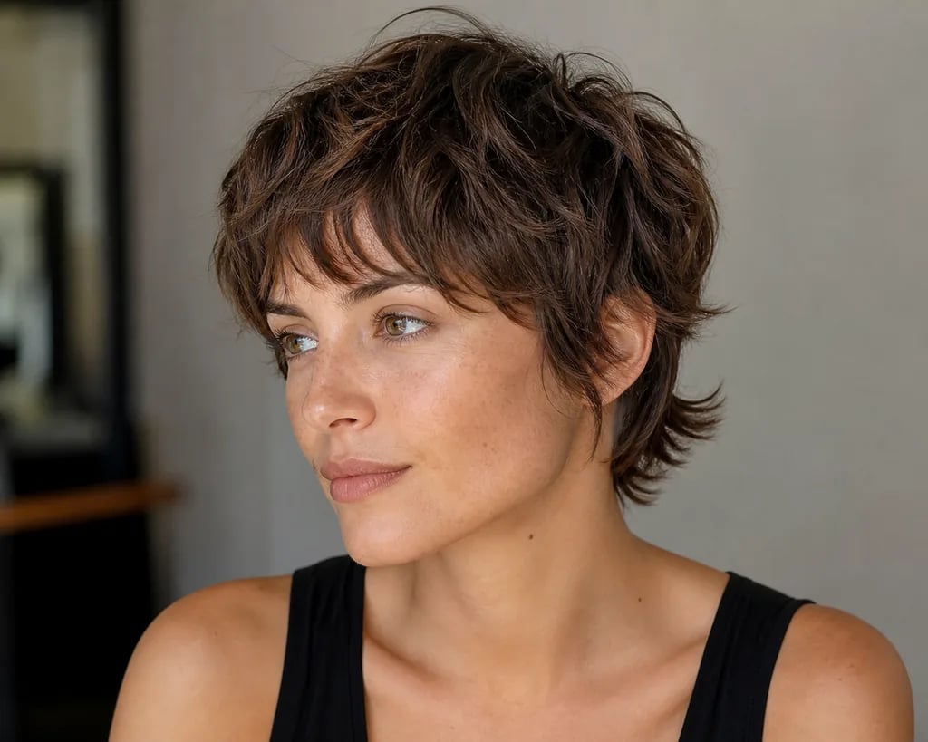 Chin Length Shag With Wispy Bangs, Dark Brown Chin Length Shag With Wispy Bangs, Dark Brown — Simple Short Shag