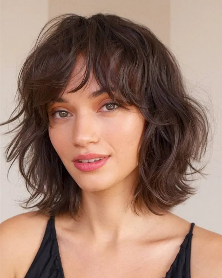 Fine Wavy Shag With Soft Bangs Fine Wavy Shag With Soft Bangs — Simple Short Shag