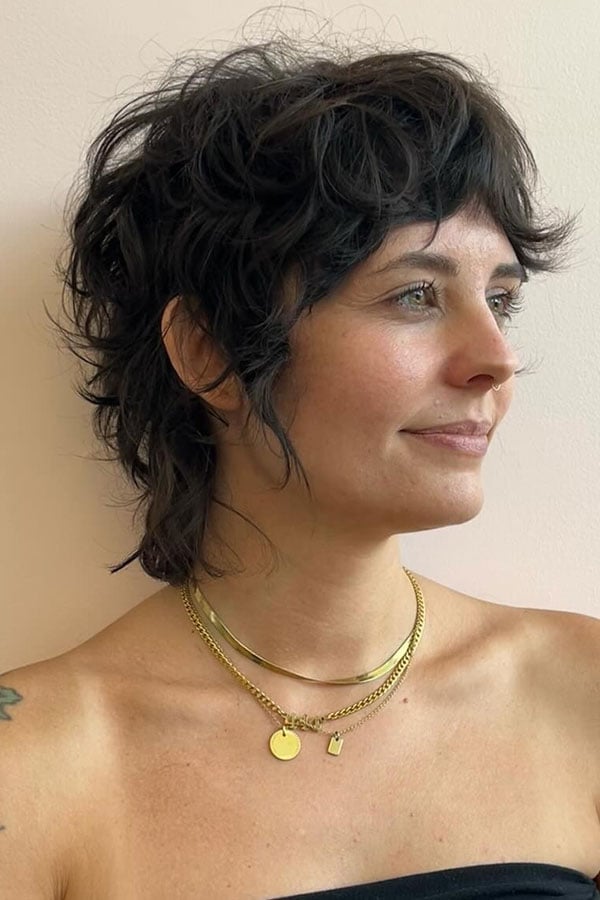 Ear Length Dark Brown Curly Shag — Simple Short Shag Haircuts