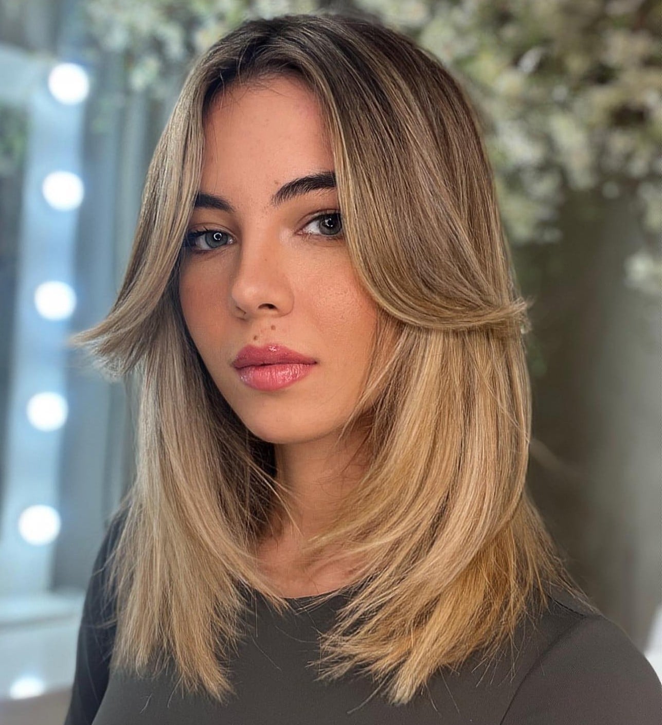 Fine Wavy Blonde Balayage Curtain Bangs — Simple Shoulder Length Haircuts