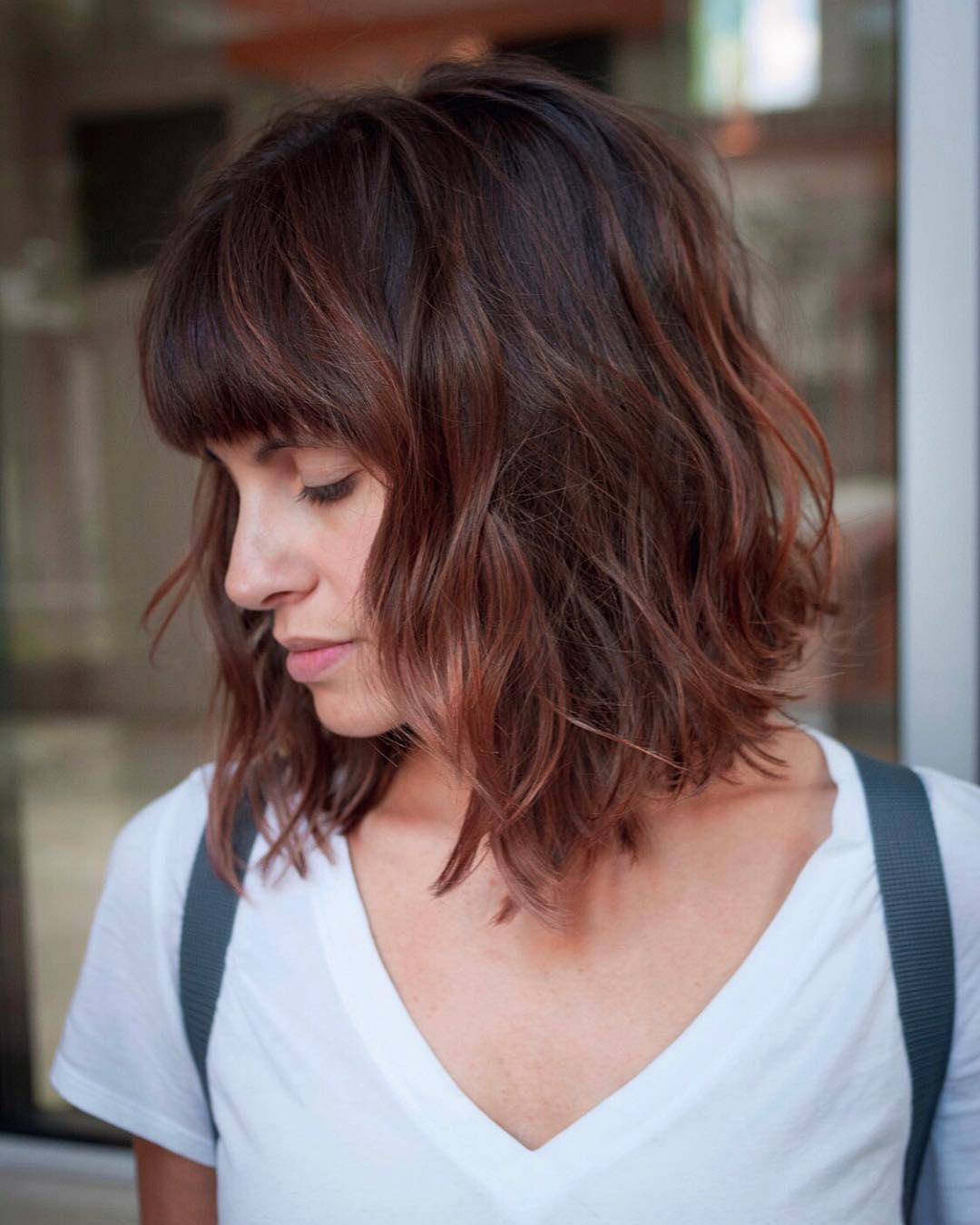 Layered Lob With Side Swept Bangs — Simple Shoulder Length Haircuts