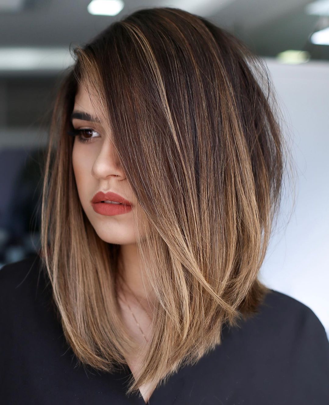 Sleek Angled Bob With Dark Brown Balayage — Simple Shoulder Length Haircuts