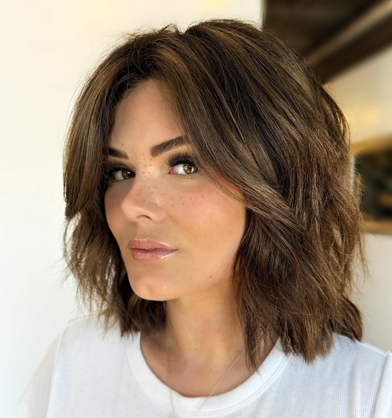 Layered Lob With Curtain Bangs, Collarbone — Simple Shoulder Length Haircuts