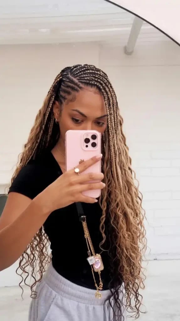 Mid-Back Braids With Curls and Blonde Tones — Simple Side Part Braids